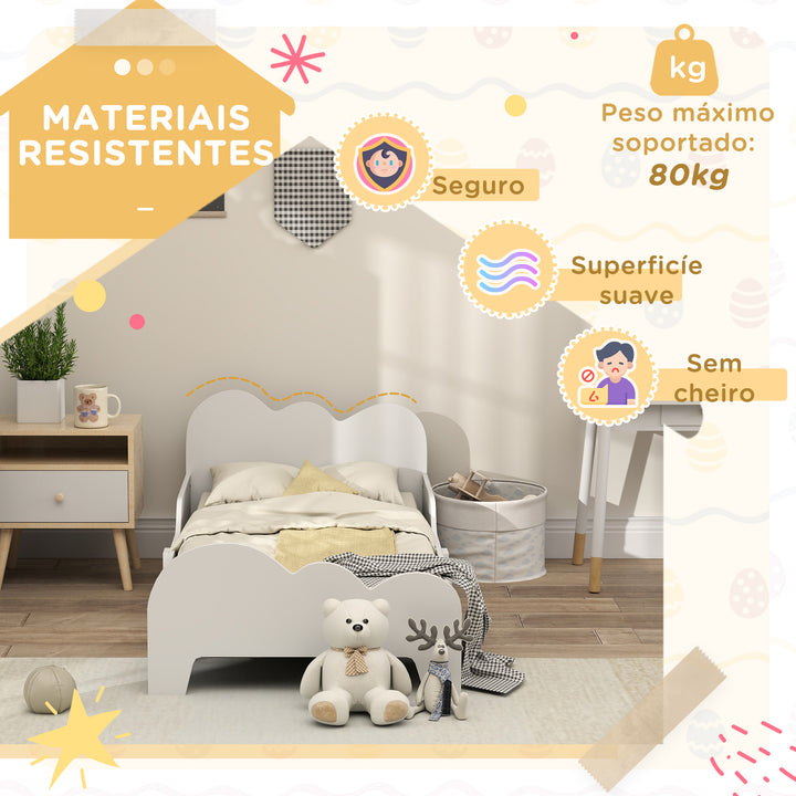 Cama para Crianças acima de 3 Anos 143,5x74,5x56 cm Estrutura de Cama Infantil com Desenho de Núvem e Barreira de Segurança para Dormitório Branco