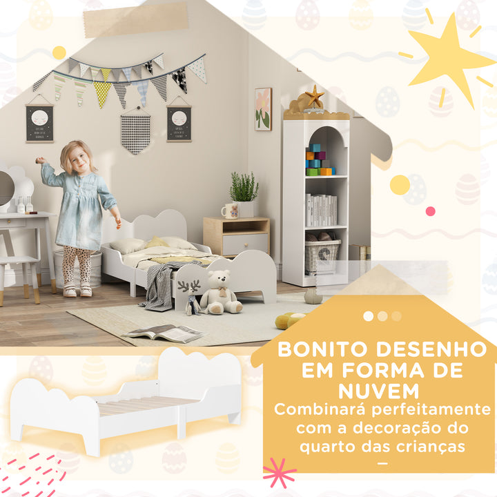 Cama para Crianças acima de 3 Anos 143,5x74,5x56 cm Estrutura de Cama Infantil com Desenho de Núvem e Barreira de Segurança para Dormitório Branco