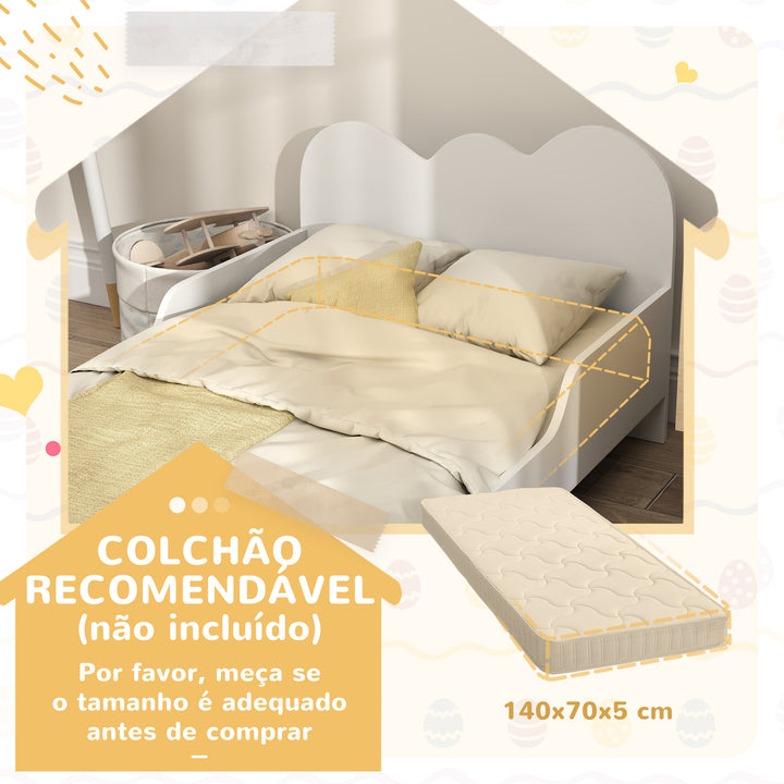 Cama para Crianças acima de 3 Anos 143,5x74,5x56 cm Estrutura de Cama Infantil com Desenho de Núvem e Barreira de Segurança para Dormitório Branco
