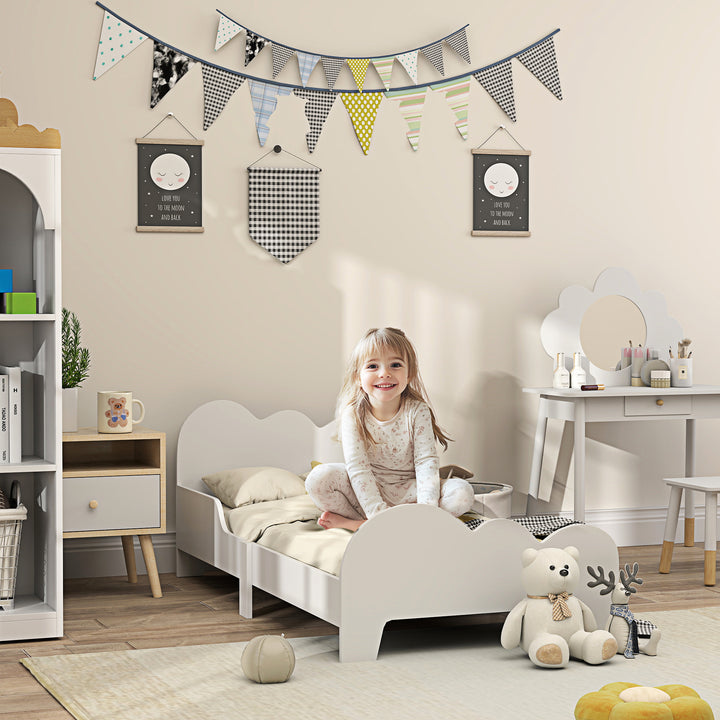 Cama para Crianças acima de 3 Anos 143,5x74,5x56 cm Estrutura de Cama Infantil com Desenho de Núvem e Barreira de Segurança para Dormitório Branco