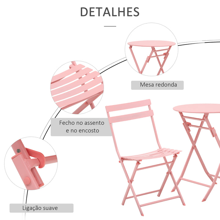 Conjunto de Móveis de Jardim Dobráveis Conjunto de 1 Mesa Redonda e 2 Cadeiras de Varanda com Estrutura de Aço para Pátio Rosa