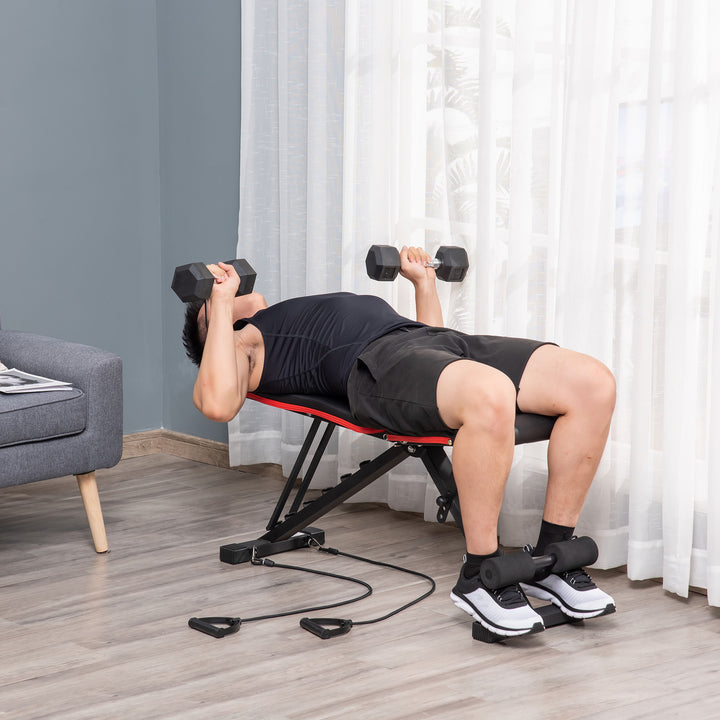 Banco de Musculação Dobrável Banco de Pesas Encosto e Assento Ajustáveis Extensão de Perna e Banda de Resistência para Treino Completo Ginásio em Casa 130x34x48-109 cm Preto