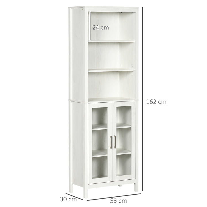 Armário Alto de Casa de Banho com 2 Portas de Vidro e 3 Prateleiras Abertas Armário Auxiliar Estilo Moderno para Sala de Estar Dormitório 53x30x162cm Branco