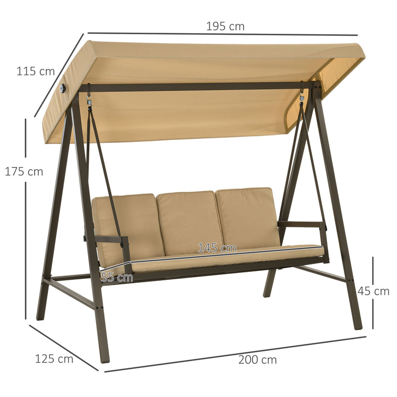 Baloiço de Jardim de 3 Lugares Baloiço de Exterior com Toldo Ajustável Almofadas Removíveis e Estrutura de Aço 200x125x175 cm Bege