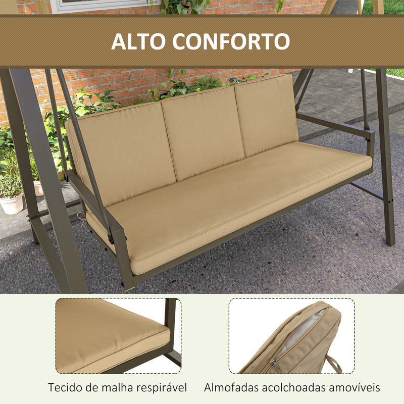 Baloiço de Jardim de 3 Lugares Baloiço de Exterior com Toldo Ajustável Almofadas Removíveis e Estrutura de Aço 200x125x175 cm Bege