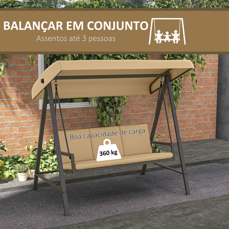 Baloiço de Jardim de 3 Lugares Baloiço de Exterior com Toldo Ajustável Almofadas Removíveis e Estrutura de Aço 200x125x175 cm Bege