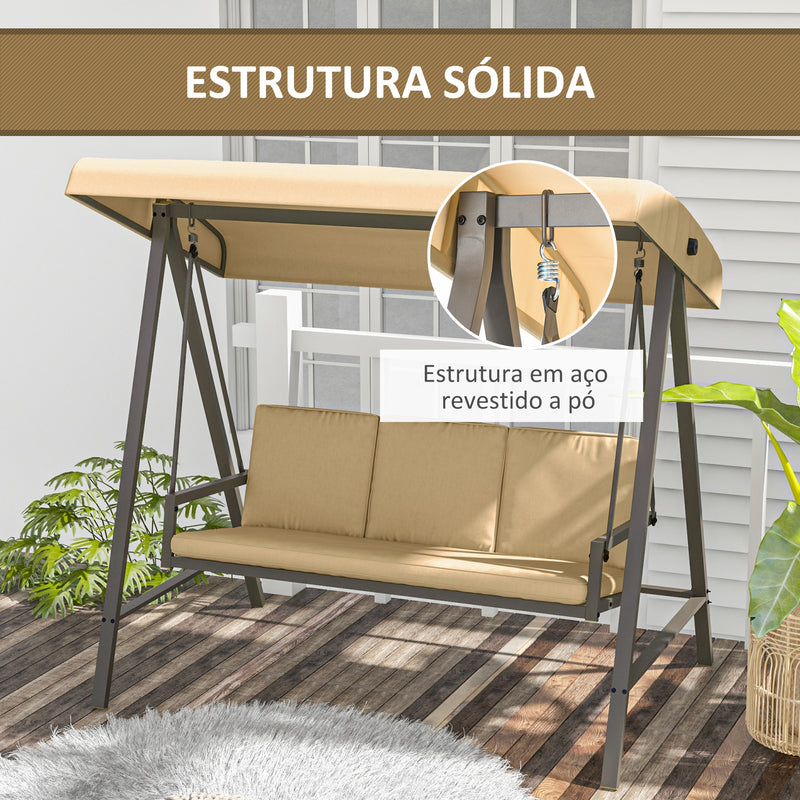 Baloiço de Jardim de 3 Lugares Baloiço de Exterior com Toldo Ajustável Almofadas Removíveis e Estrutura de Aço 200x125x175 cm Bege