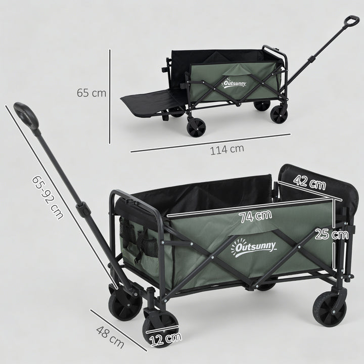 Carrinho de Transporte com Rodas Carrinho de Jardim Dobrável com Puxador Telescópico Ajustável Porta Traseira Expansível Carga 90 kg Carrinho de Praia 114x46x65-92 cm Verde