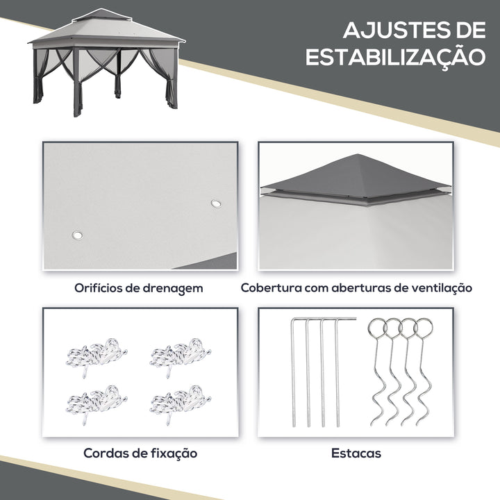 Tenda Dobrável 3,26x3,26x2,72 m Tenda de Jardim com Duplo Teto Altura Ajustável 4 Painéis de Malha Proteção UV30+ e Bolsa de Transporte para Festas Campismo Cinza