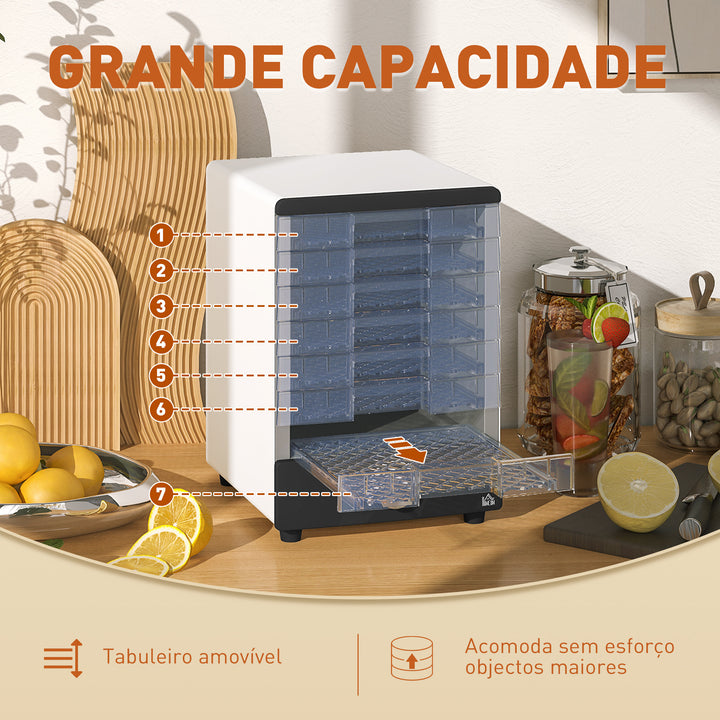 Desidratador de Alimentos 350W Desidratador de Alimentos com 7 Bandejas Temperatura Ajustável 40-70? Desidratador de Fruras Verduras para Animais de Estimação 30x22,8x32,6 cm Branco