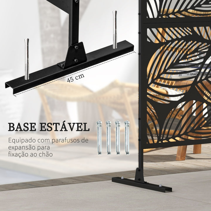 Biombo de Exterior Separador de Ambientes com 3 Peças com Padrão de Flores Grande e Estrutura de Aço Ecrã de Privacidade para Pátio Varanda Jardim 122x45x198 cm Preto