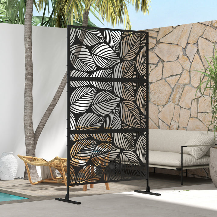 Biombo de Exterior Separador de Ambientes com 3 Peças com Padrão de Flores Grande e Estrutura de Aço Ecrã de Privacidade para Pátio Varanda Jardim 122x45x198 cm Preto