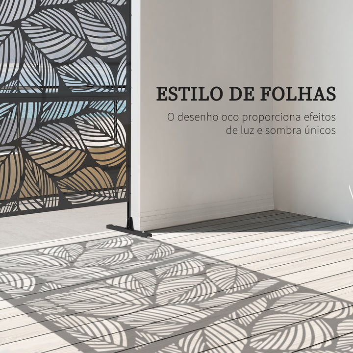 Biombo de Exterior Separador de Ambientes com 3 Peças com Padrão de Flores Grande e Estrutura de Aço Ecrã de Privacidade para Pátio Varanda Jardim 122x45x198 cm Preto