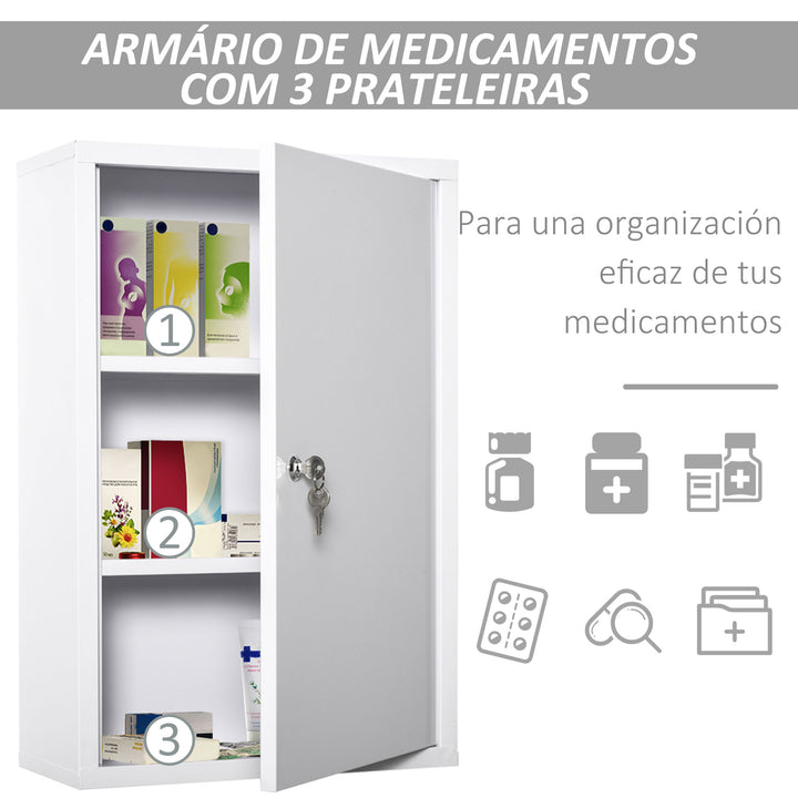 Armário Farmácia de Parede de Armário para Medicamentos de Metal com 3 Prateleiras de Armazenamento e Fechadura com 2 Chaves para Casa de Banho Cozinha 40x18x60cm Branco