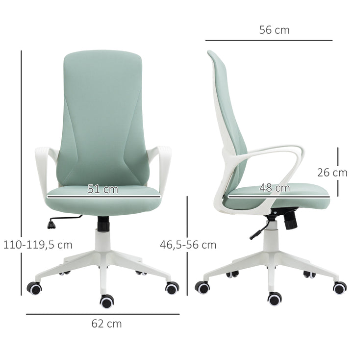Cadeira de Escritório Giratória com Altura Ajustável Cadeira de Escritório Ergonómica com Apoio para os Braços Função de Inclinação e Encosto Alto 62x56x110-119,5 cm Verde