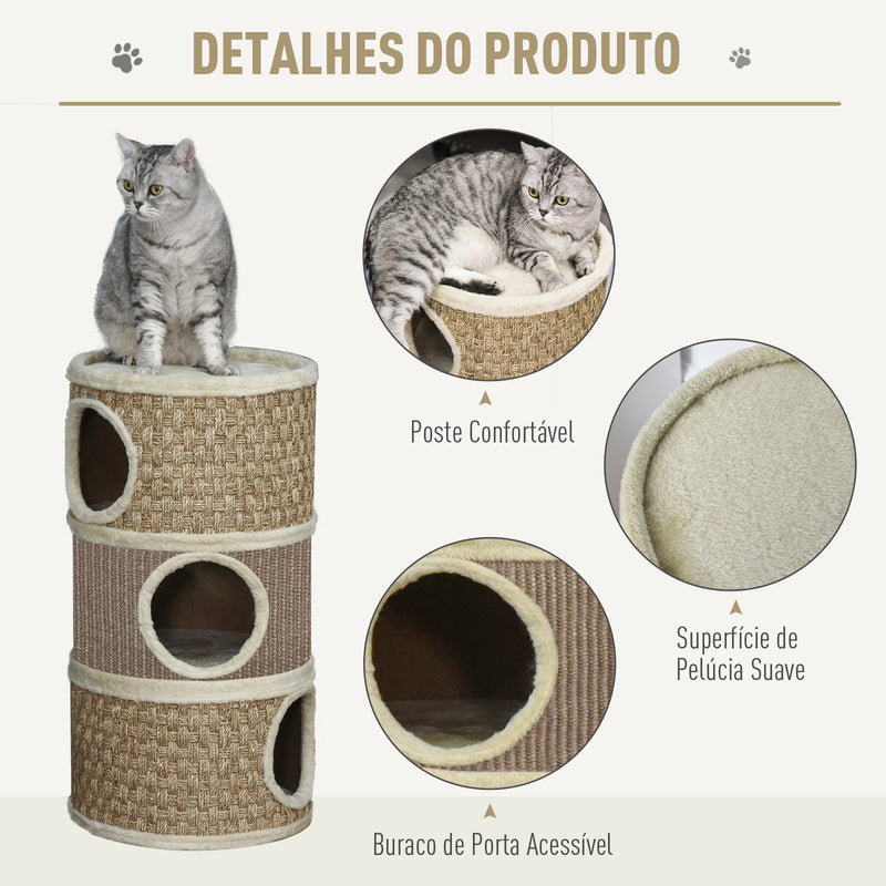 Arranhador em Forma de Cilindro para Gatos com 3 Níveis Plataforma e Caverna Confortável 37,5x37,5x70 cm Marrom Claro e Bege