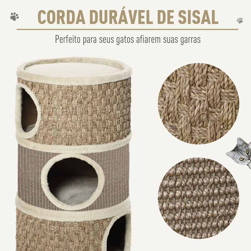 Arranhador em Forma de Cilindro para Gatos com 3 Níveis Plataforma e Caverna Confortável 37,5x37,5x70 cm Marrom Claro e Bege