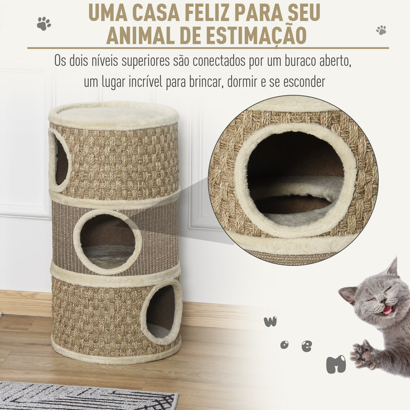 Arranhador em Forma de Cilindro para Gatos com 3 Níveis Plataforma e Caverna Confortável 37,5x37,5x70 cm Marrom Claro e Bege