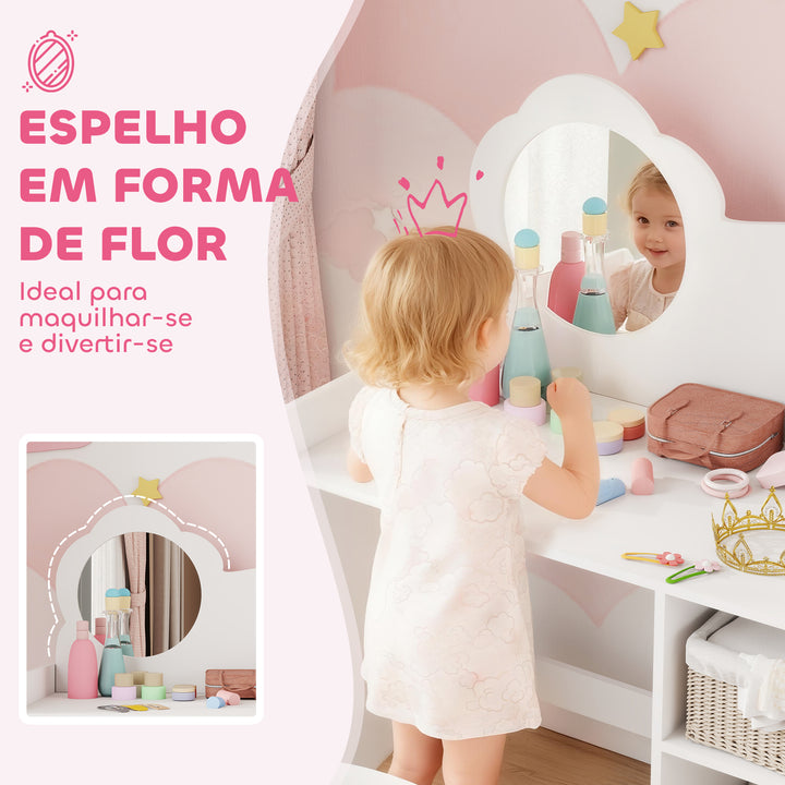 Toucador para Crianças com Banco e Espelho em Forma de Flor Toucador para Meninas com Compartimentos Abertos Mesa de Maquilhagem para Crianças de 3-8 Anos 70x39x92,5 cm Branco