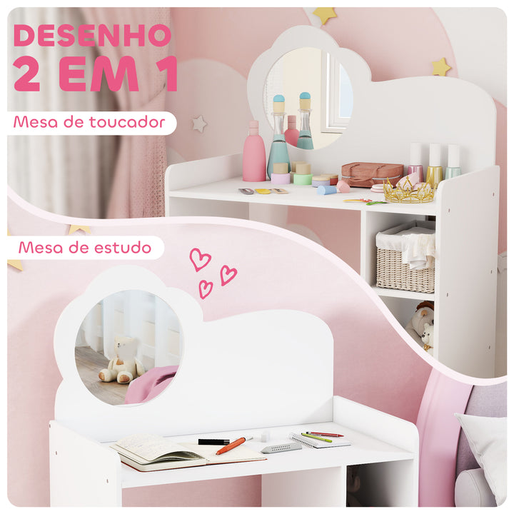 Toucador para Crianças com Banco e Espelho em Forma de Flor Toucador para Meninas com Compartimentos Abertos Mesa de Maquilhagem para Crianças de 3-8 Anos 70x39x92,5 cm Branco