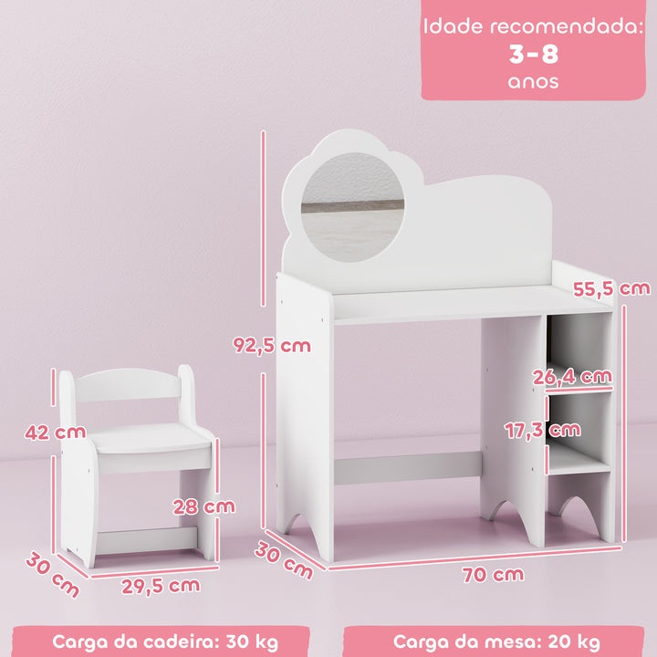 Toucador para Crianças com Banco e Espelho em Forma de Flor Toucador para Meninas com Compartimentos Abertos Mesa de Maquilhagem para Crianças de 3-8 Anos 70x39x92,5 cm Branco