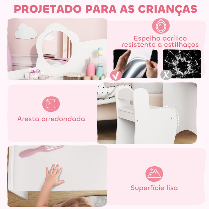 Toucador para Crianças com Banco e Espelho em Forma de Flor Toucador para Meninas com Compartimentos Abertos Mesa de Maquilhagem para Crianças de 3-8 Anos 70x39x92,5 cm Branco