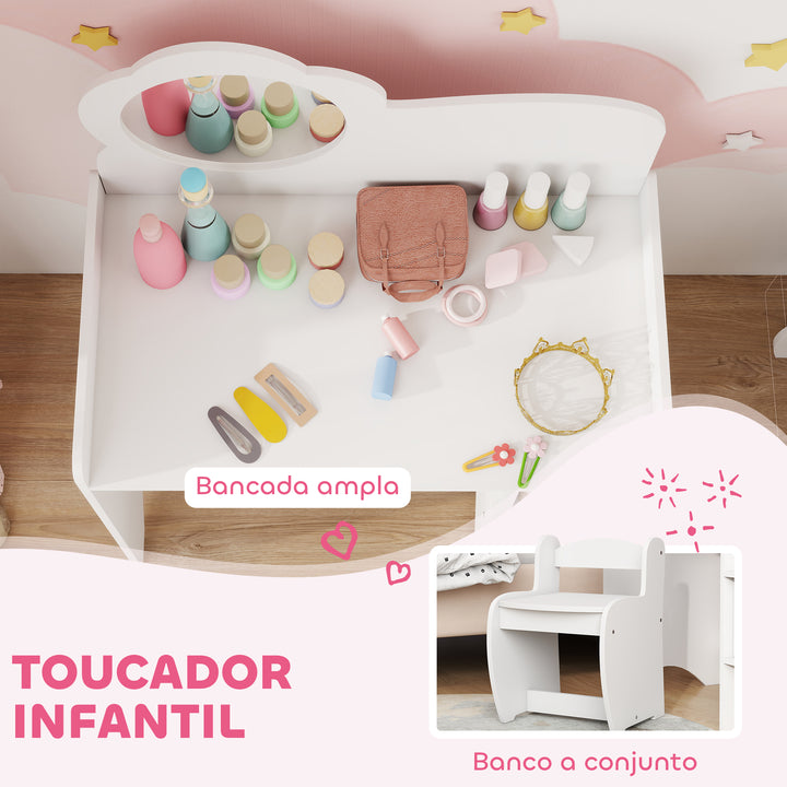 Toucador para Crianças com Banco e Espelho em Forma de Flor Toucador para Meninas com Compartimentos Abertos Mesa de Maquilhagem para Crianças de 3-8 Anos 70x39x92,5 cm Branco