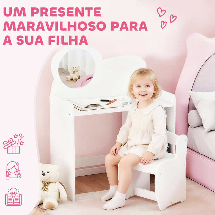 Toucador para Crianças com Banco e Espelho em Forma de Flor Toucador para Meninas com Compartimentos Abertos Mesa de Maquilhagem para Crianças de 3-8 Anos 70x39x92,5 cm Branco