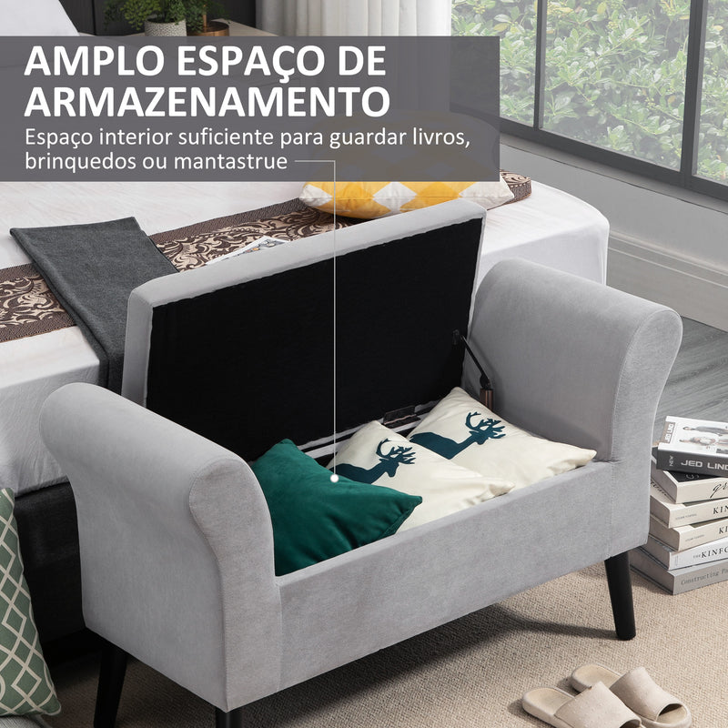 Banco para Pé de Cama Estofado em Veludo Banco de Armazenamento Acolchoado com Tampa Apoio para os Braços Pés de Madeira para Dormitório Sala de Estar 111,5x41x65cm Cinza Claro