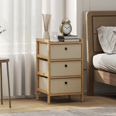 Cómoda de Bambu com 3 Gavetas de Tecido para Espaços Pequenos, Ideal para Quarto, Sala ou Escritório, Creme e Madeira
