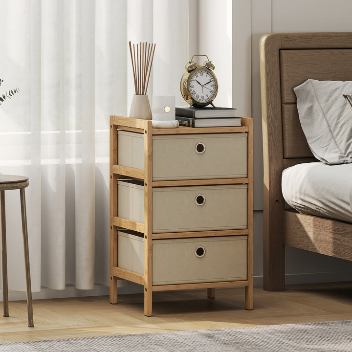 Cómoda de Bambu com 3 Gavetas de Tecido para Espaços Pequenos, Ideal para Quarto, Sala ou Escritório, Creme e Madeira
