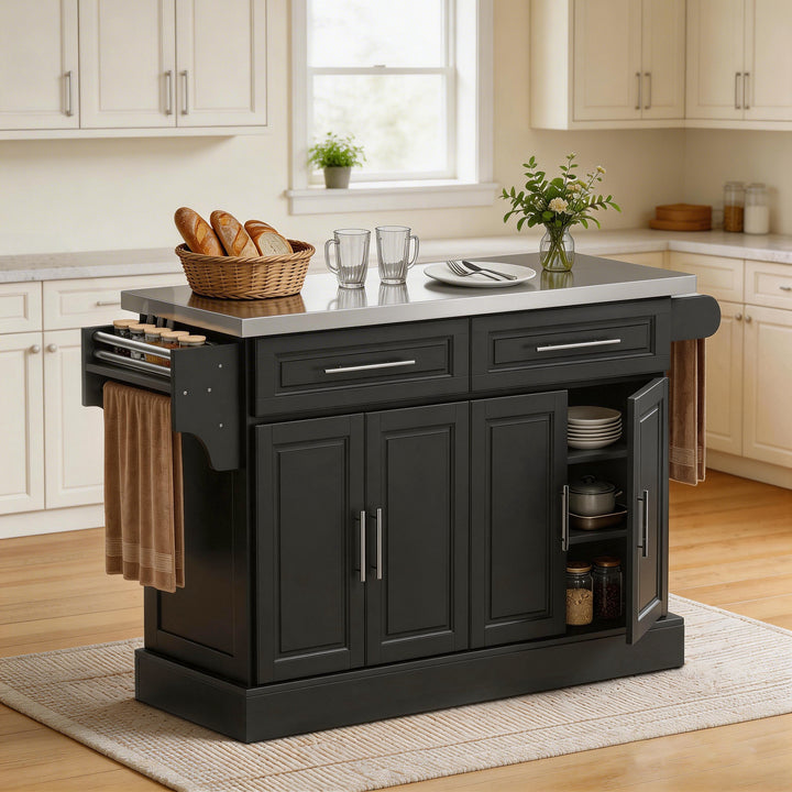 Ilha de Cozinha com Rodas Carrinho de Cozinha com Bancada de Aço Inoxidável 2 Gavetas 4 Portas 2 Prateleiras Ajustáveis Suporte para Especiarias e Toalheiro 145x45x93 cm Preto