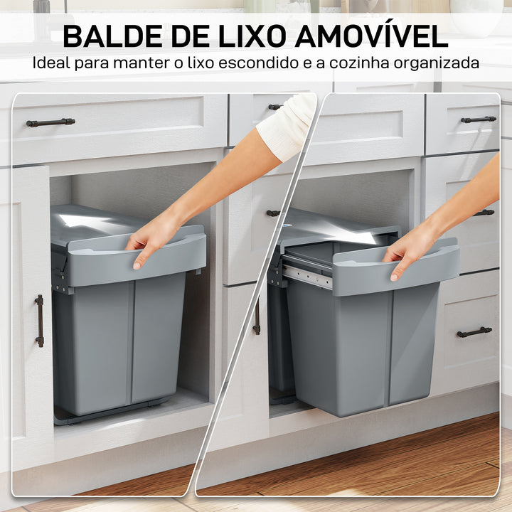 Balde do Lixo Sob o Balcão Caixote do Lixo de Cozinha 2 Contentores de Reciclagem Removíveis 2 x 20 L Deslizamento Suave Pega Tampa com Padrão de Diamante Cinzento