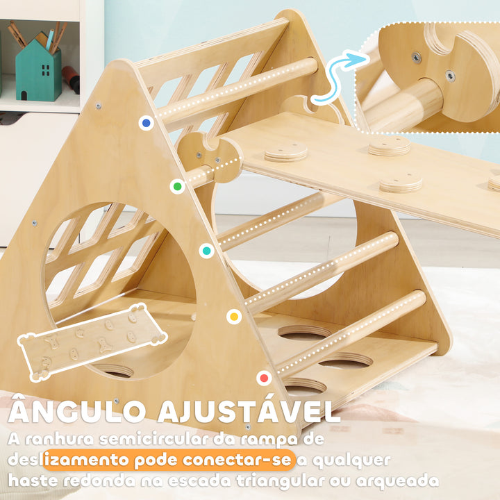 Triângulo de Escalar de Madeira 8 em 1 Jogo de Aprendizagem para Crianças de 18-48 Meses com Rampa Escada em Forma de Arco e Bolsa de Areia 175x59,5x60 cm Madeira