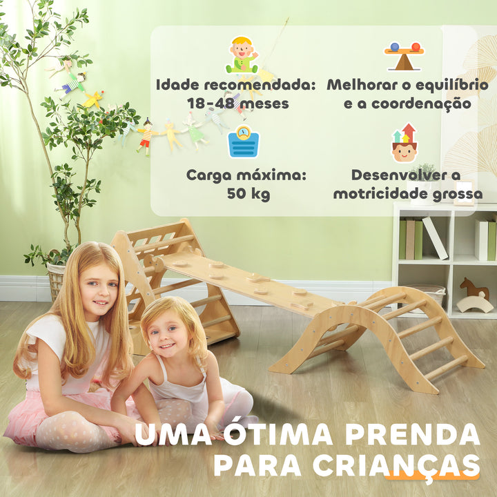 Triângulo de Escalar de Madeira 8 em 1 Jogo de Aprendizagem para Crianças de 18-48 Meses com Rampa Escada em Forma de Arco e Bolsa de Areia 175x59,5x60 cm Madeira