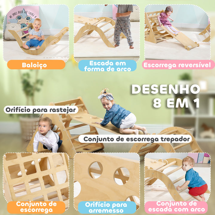 Triângulo de Escalar de Madeira 8 em 1 Jogo de Aprendizagem para Crianças de 18-48 Meses com Rampa Escada em Forma de Arco e Bolsa de Areia 175x59,5x60 cm Madeira
