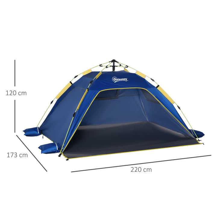 Tenda de Praia Dobrável Tenda de Praia Pop-up para 1-2 Pessoas com 2 Portas 2 Janelas e Bolsa de Transporte para Parque Campismo 220x173x120 cm Azul Escuro