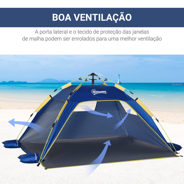 Tenda de Praia Dobrável Tenda de Praia Pop-up para 1-2 Pessoas com 2 Portas 2 Janelas e Bolsa de Transporte para Parque Campismo 220x173x120 cm Azul Escuro
