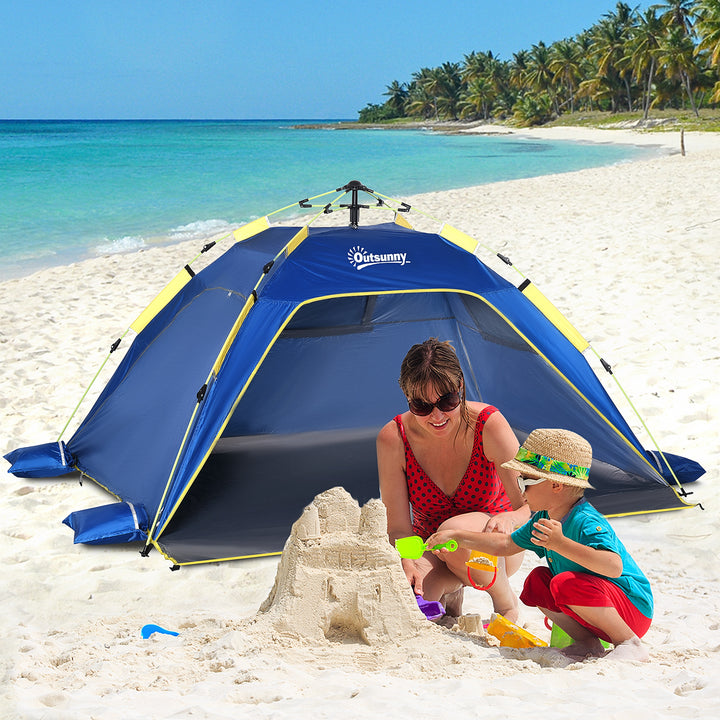 Tenda de Praia Dobrável Tenda de Praia Pop-up para 1-2 Pessoas com 2 Portas 2 Janelas e Bolsa de Transporte para Parque Campismo 220x173x120 cm Azul Escuro