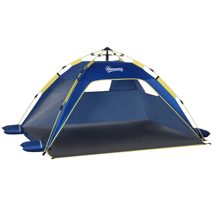 Tenda de Praia Dobrável Tenda de Praia Pop-up para 1-2 Pessoas com 2 Portas 2 Janelas e Bolsa de Transporte para Parque Campismo 220x173x120 cm Azul Escuro