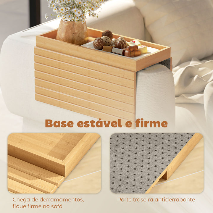 Bandeja de Braço para Sofá em Bambu Bandeja para Apoio de Braço de Sofá Dobrável e Flexível com Base Antiderrapante Mesa Lateral para Snacks Telemóveis Controlos e Bebidas 45x33,5x3 cm Madeira