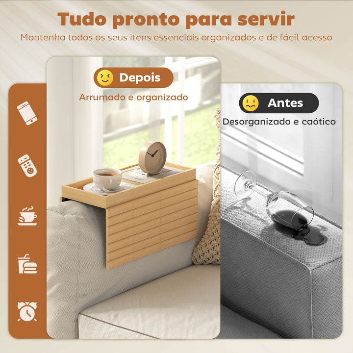 Bandeja de Braço para Sofá em Bambu Bandeja para Apoio de Braço de Sofá Dobrável e Flexível com Base Antiderrapante Mesa Lateral para Snacks Telemóveis Controlos e Bebidas 45x33,5x3 cm Madeira