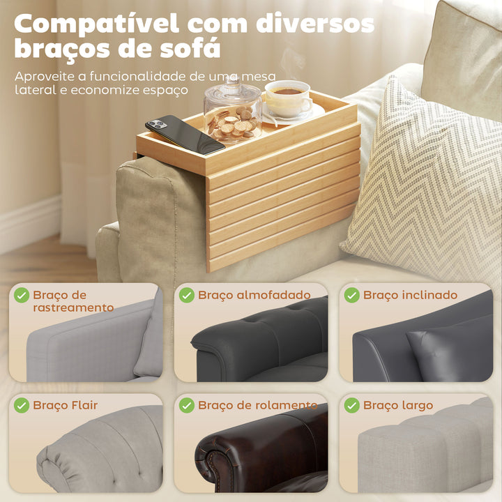 Bandeja de Braço para Sofá em Bambu Bandeja para Apoio de Braço de Sofá Dobrável e Flexível com Base Antiderrapante Mesa Lateral para Snacks Telemóveis Controlos e Bebidas 45x33,5x3 cm Madeira
