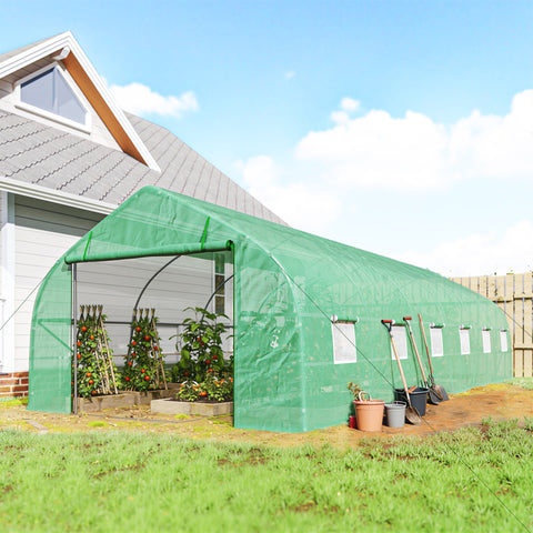 Estufa de jardim Tipo túnel para cultivo com 12 janelas e porta de enrolar Aço e PE 800x300x200 cm Verde