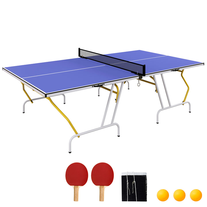 Mesa de Ping-Pong Dobrável Mesa de Ping-Pong Compacta com Rede Apoio para os Pés Ajustáveis e Estrutura de Aço para Interior e Exterior 274x152,5x76 cm Azul