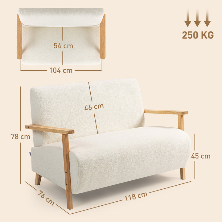 Sofá de 2 Lugares Estofado em Borreguito Sofá de Sala de Estar de 118 cm com Acolchoado Espesso Apoios de Braço e Pés de Madeira para Quarto Sala de Estar 118x76x78 cm Creme