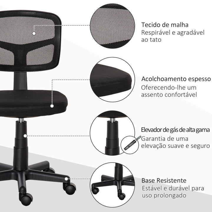 Cadeira de Escritório Ergonómica de Malha Cadeira de Escritório Giratória 360° com Altura Ajustável Suporte Lombar Respirável e Rodas 43x48x77,5-89,5cm Preto