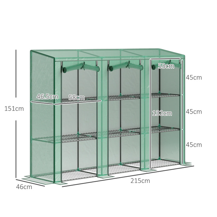 Estufa Pequena Estufa de Exterior com Prateleiras de 3 Níveis Portas com Fecho de Correr e Estrutura de Aço Estufa para Cultivar Plantas Flores 215x46x151 cm Verde