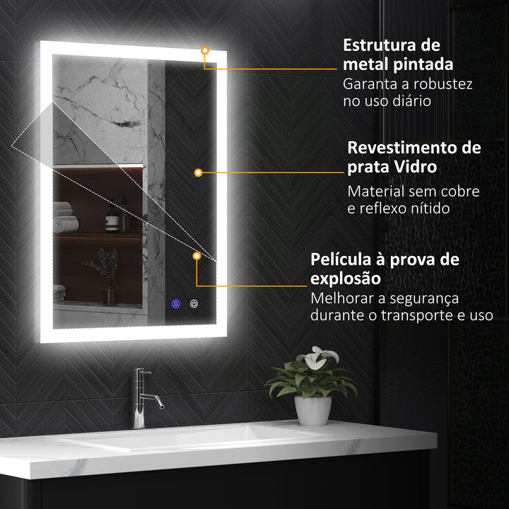 Espelho Casa de Banho com Luzes LED 80x60 cm Espelho de Parede com Função Antiembaciamento 3 Cores Função de Memória Interruptor Tátil e Classificação IP44 Horizontal ou Vertical Prata