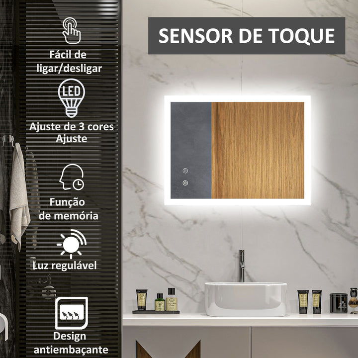 Espelho Casa de Banho com Luzes LED 80x60 cm Espelho de Parede com Função Antiembaciamento 3 Cores Função de Memória Interruptor Tátil e Classificação IP44 Horizontal ou Vertical Prata